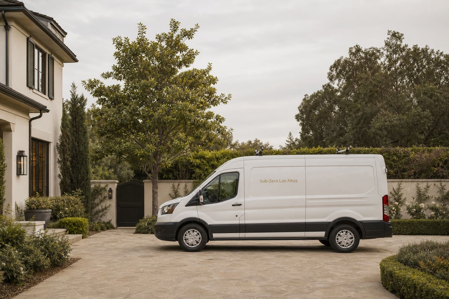 Sub-Zero Los Altos service van parked in the driveway of an upscale Los Altos estate home