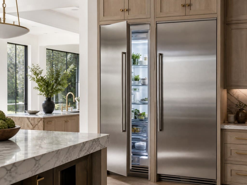 Sub-Zero built-in refrigeration columns set into custom cabinetry in a Los Altos estate kitchen