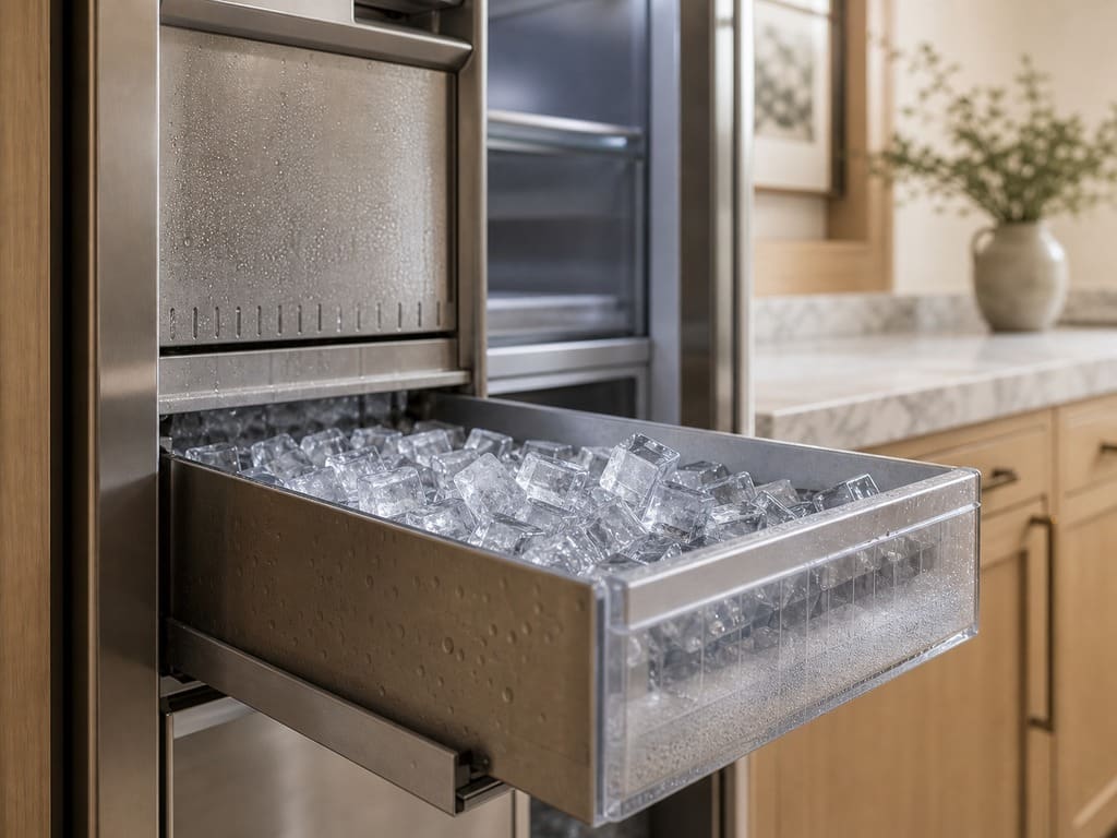 Built-in clear-ice maker and freezer column in a Los Altos estate kitchen