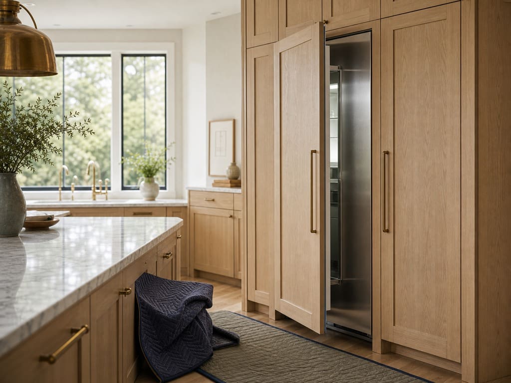 Panel-ready integrated built-in refrigerator faced with custom white-oak cabinetry in Los Altos