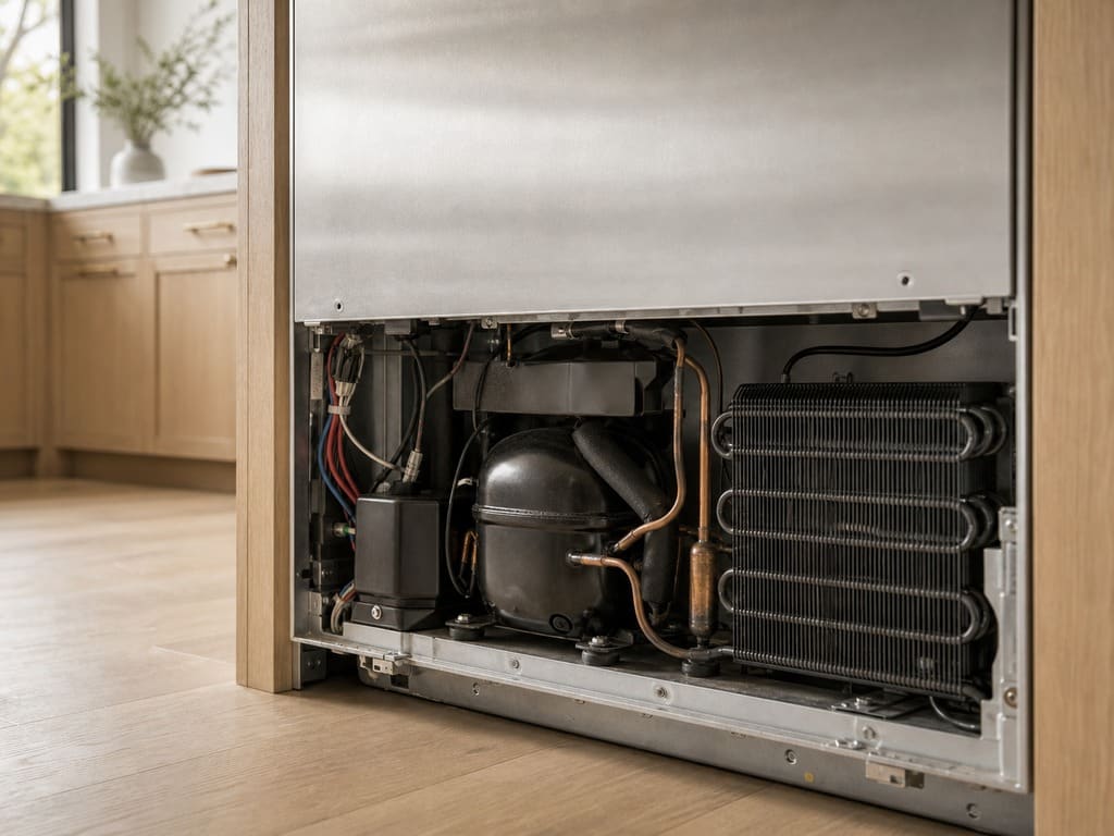 Exposed sealed system and compressor at the base of a built-in refrigeration unit
