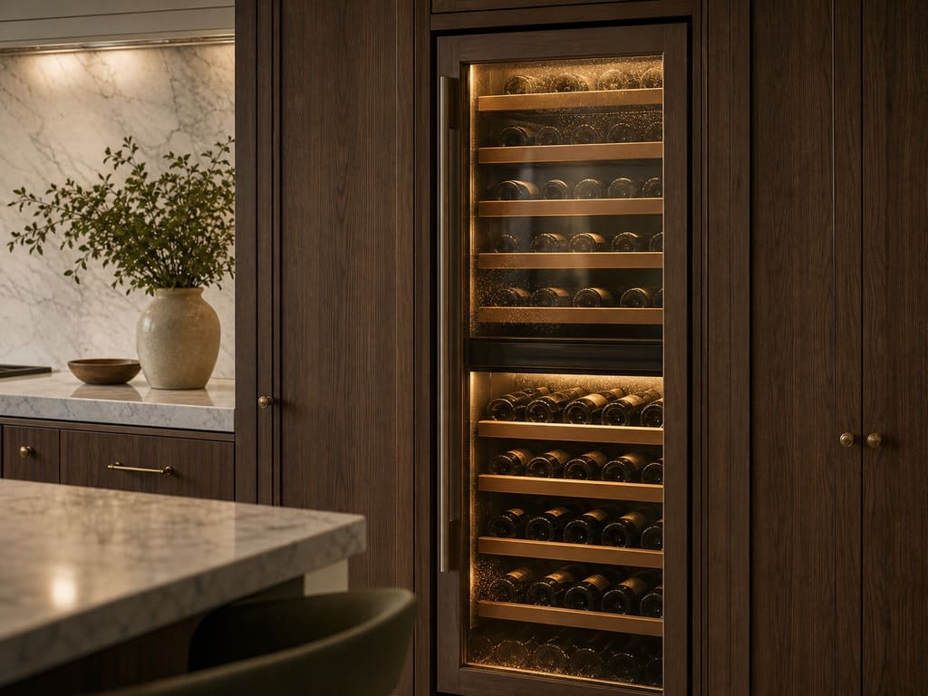 Built-in Sub-Zero wine column stocked with bottles under warm LED light in Los Altos