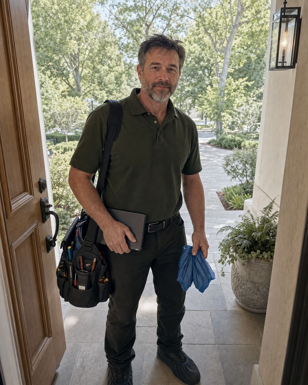 Sub-Zero Los Altos technician arriving at the front door of a Los Altos estate home with tools and shoe covers