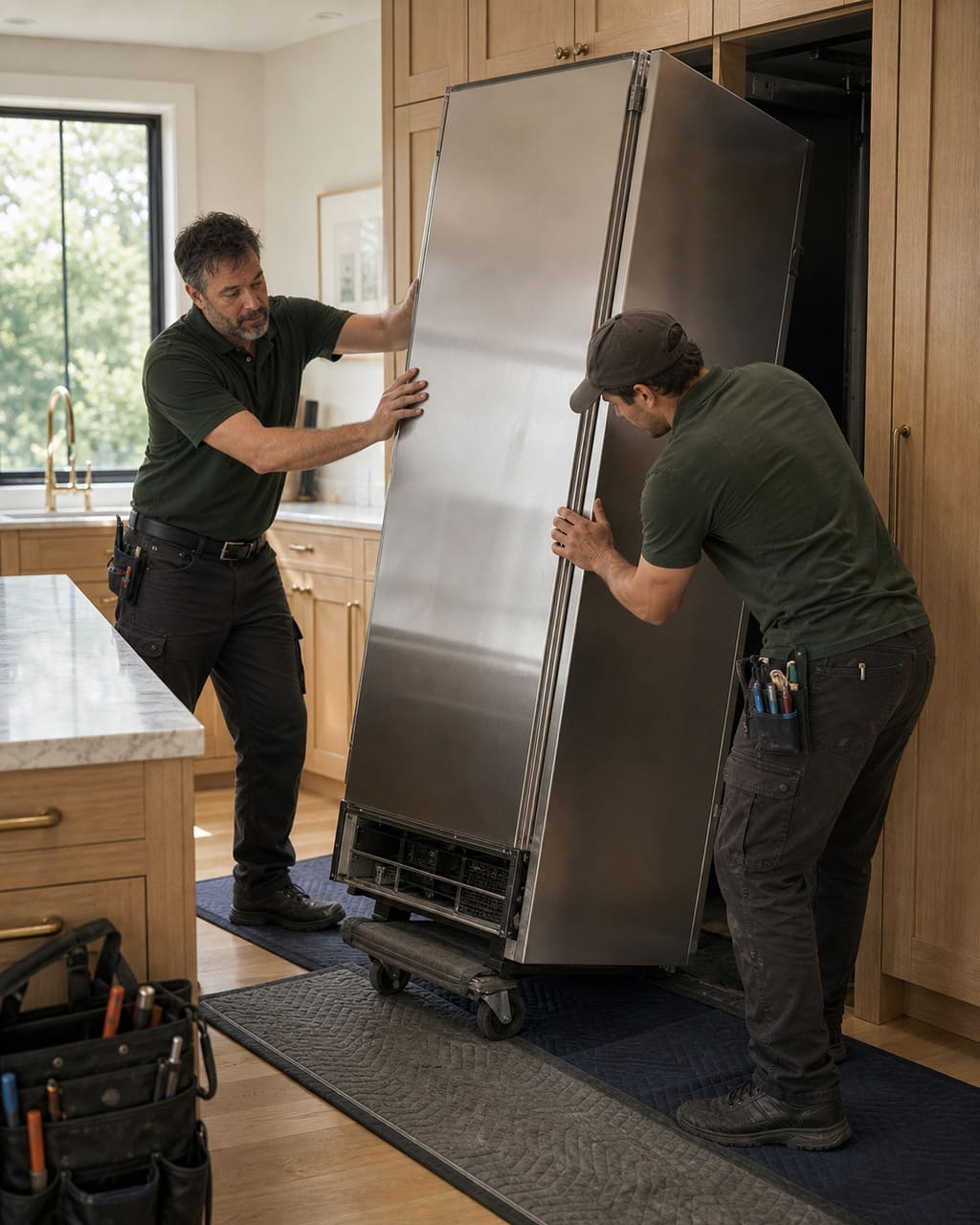 Two Sub-Zero Los Altos technicians carefully sliding a built-in refrigeration column out of custom cabinetry