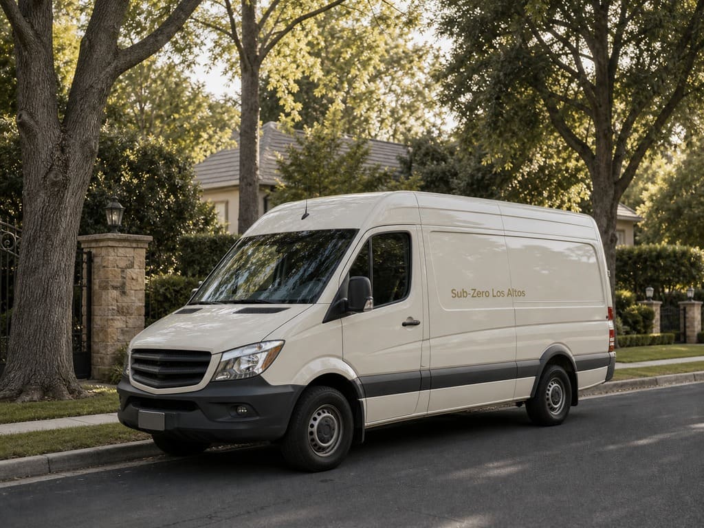 Sub-Zero Los Altos service van on a tree-lined Los Altos residential street