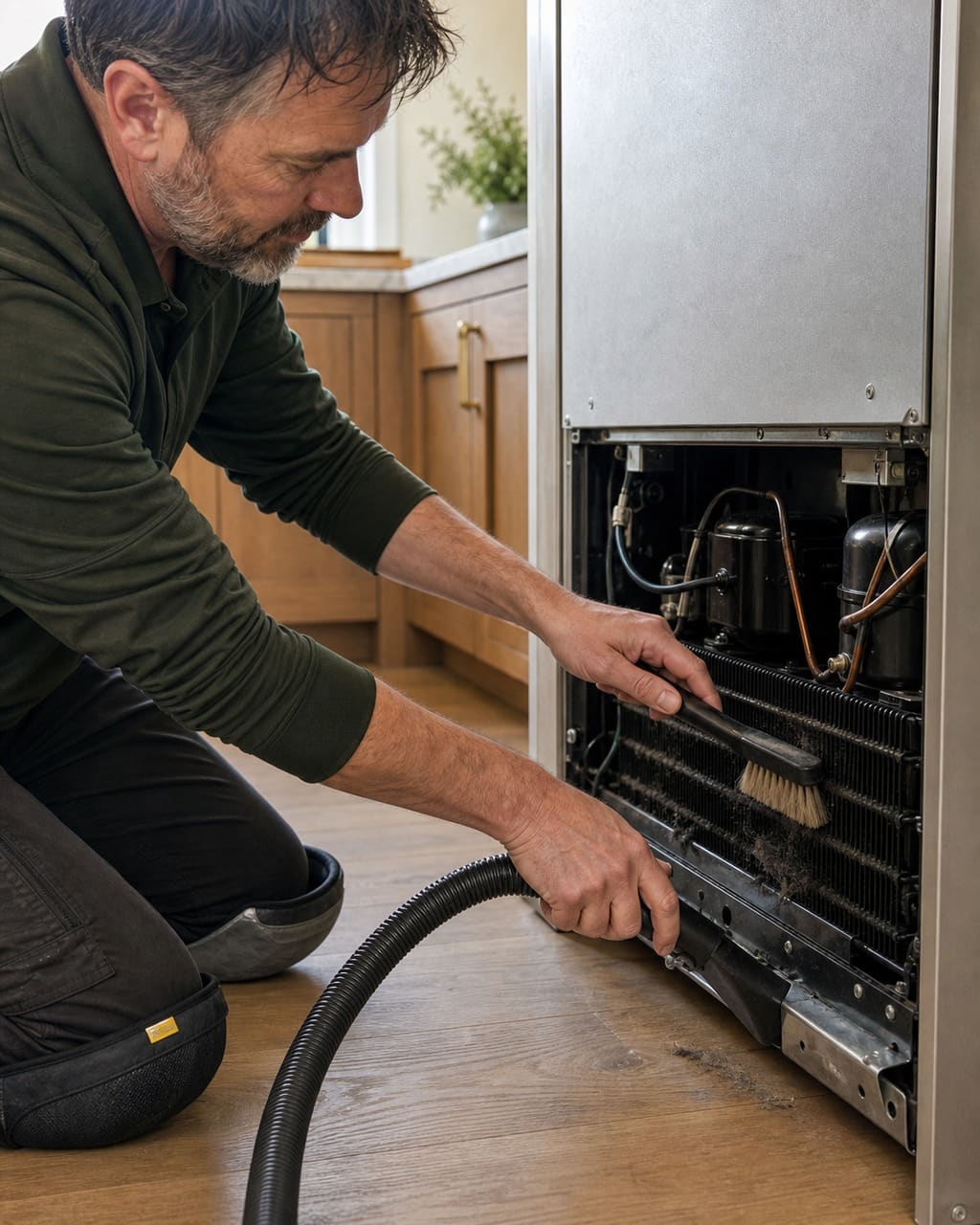 Technician cleaning the condenser coils of a built-in refrigerator in a Los Altos kitchen