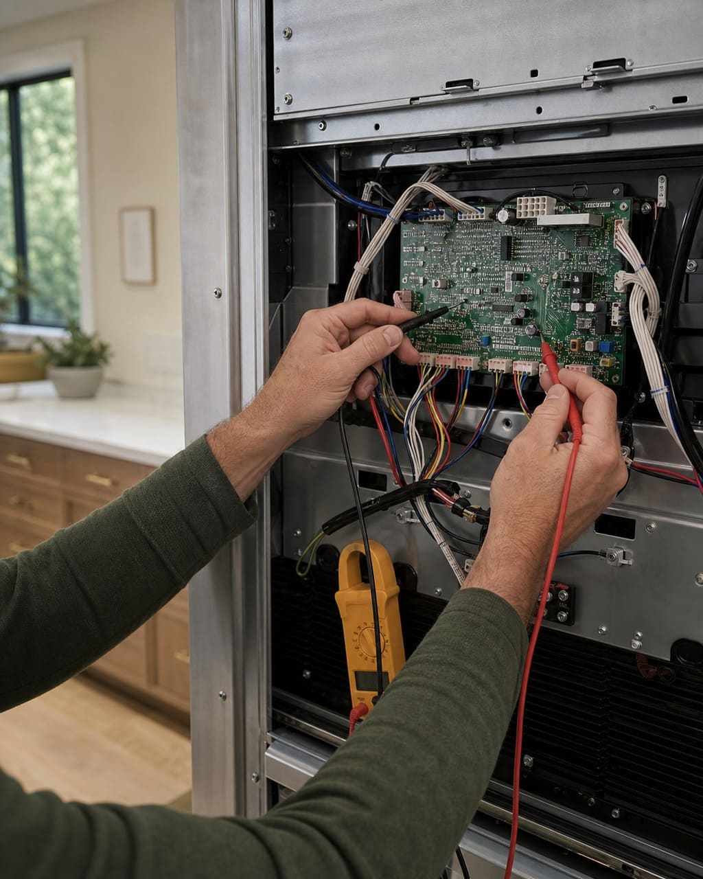 Technician testing the control board of a Sub-Zero built-in refrigerator in Los Altos