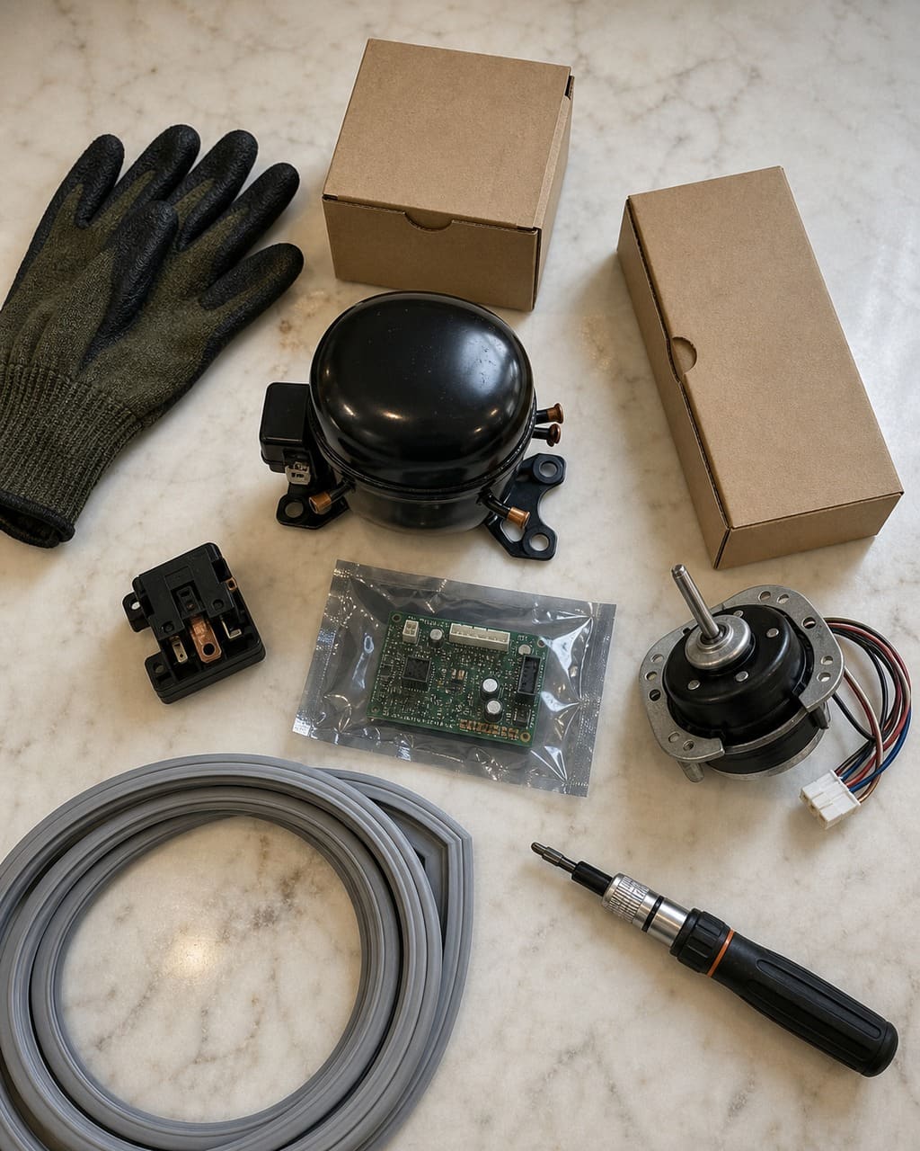 Genuine OEM Sub-Zero parts matched to a built-in model before a Los Altos repair