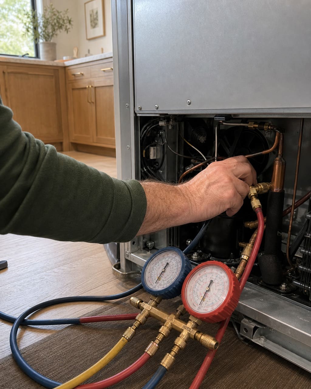 Refrigeration manifold gauges connected to the sealed system of a Sub-Zero built-in in Los Altos