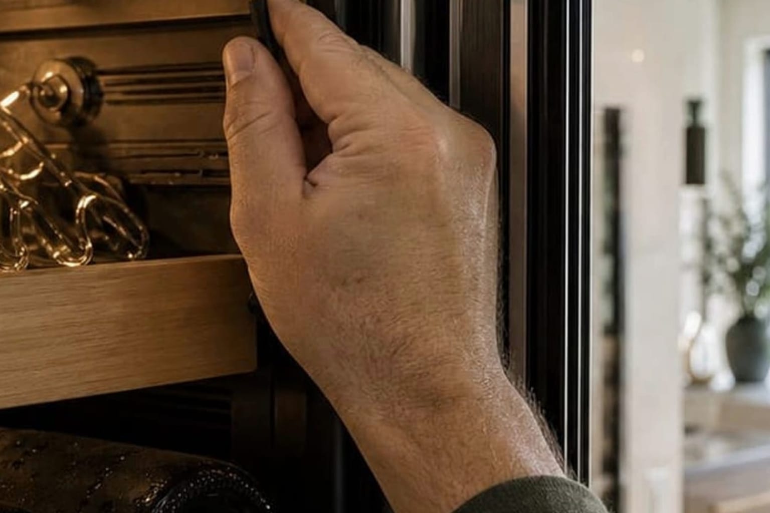 Frost-covered evaporator coil inside a warm Sub-Zero built-in freezer in a Los Altos kitchen