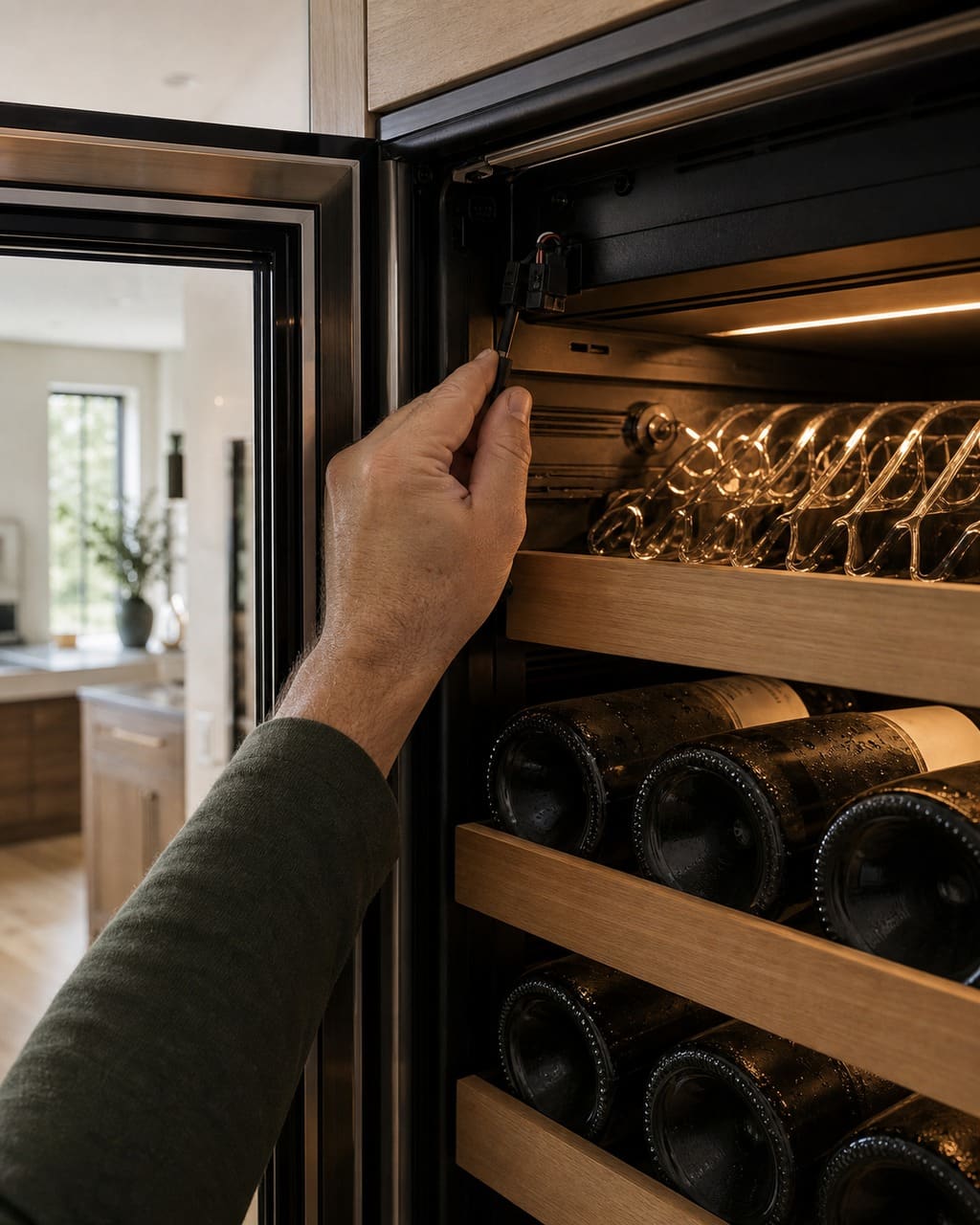 Technician checking the temperature sensor inside a Sub-Zero wine column in a Los Altos kitchen